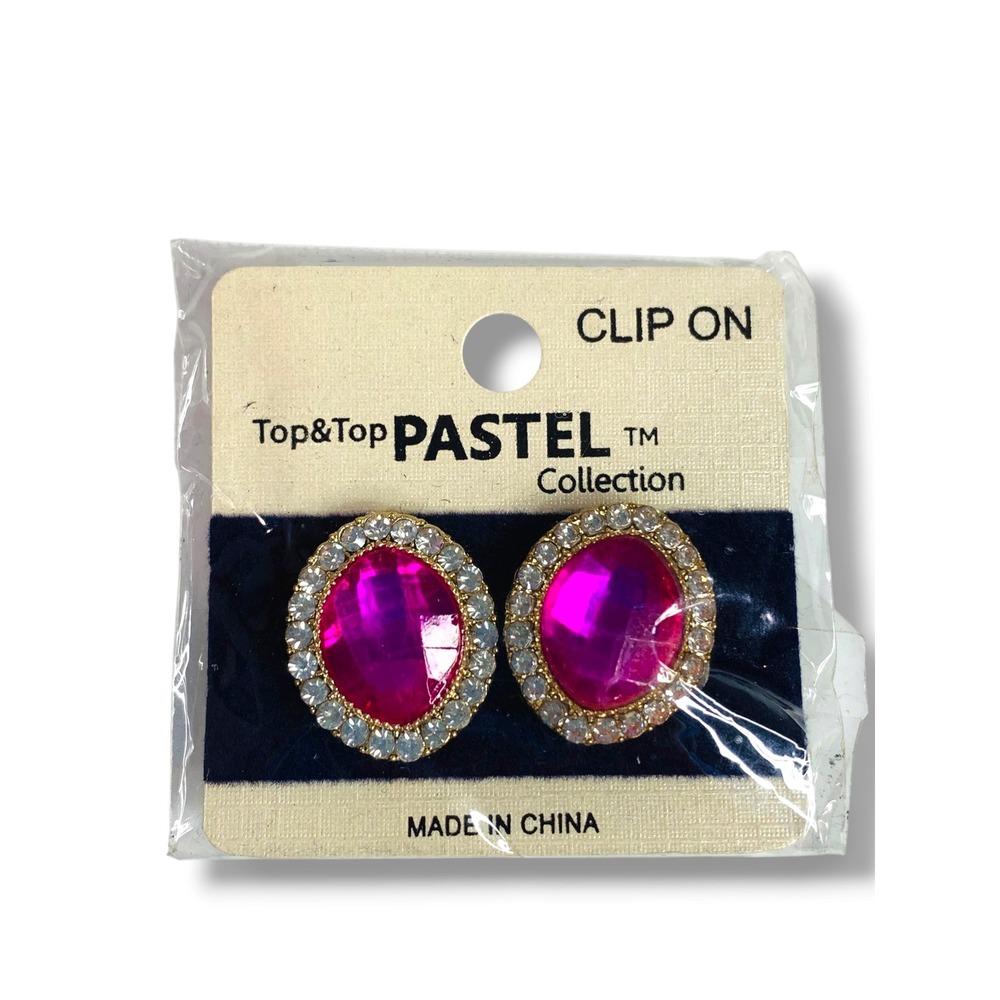 Top&Top Clip On Earrings Fuchsia Rhinestones Non-Pierced New .7" Diameter